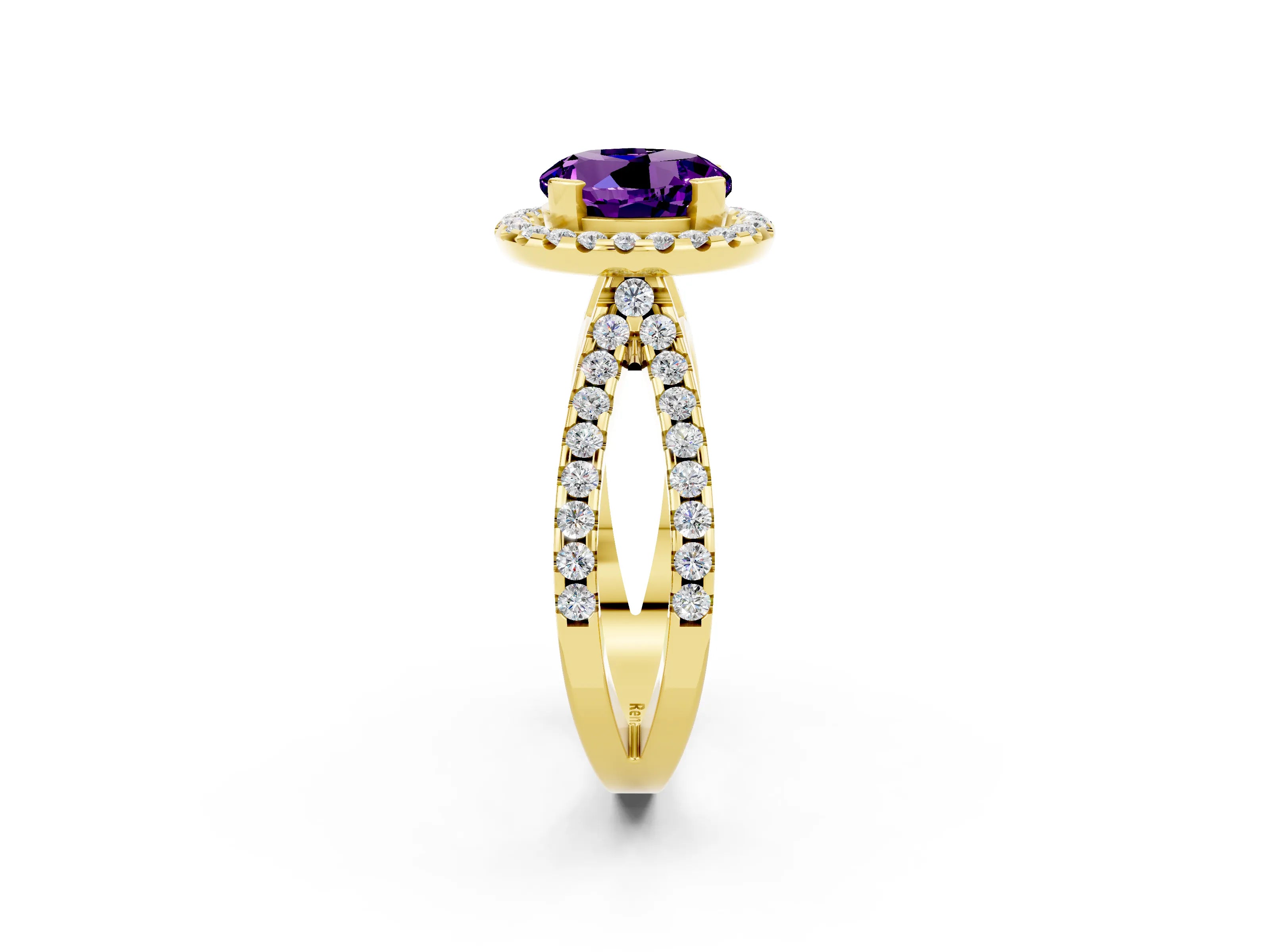 Yellow gold Round Cut Amethyst Halo Ring with Split Shank Pavé Band and Prong Setting_2