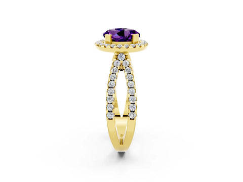 Yellow gold Round Cut Amethyst Halo Ring with Split Shank Pavé Band and Prong Setting_2