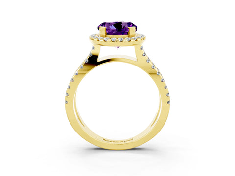 Yellow gold Round Cut Amethyst Halo Ring with Split Shank Pavé Band and Prong Setting_3