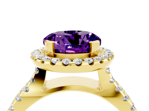 Yellow gold Round Cut Amethyst Halo Ring with Split Shank Pavé Band and Prong Setting_4