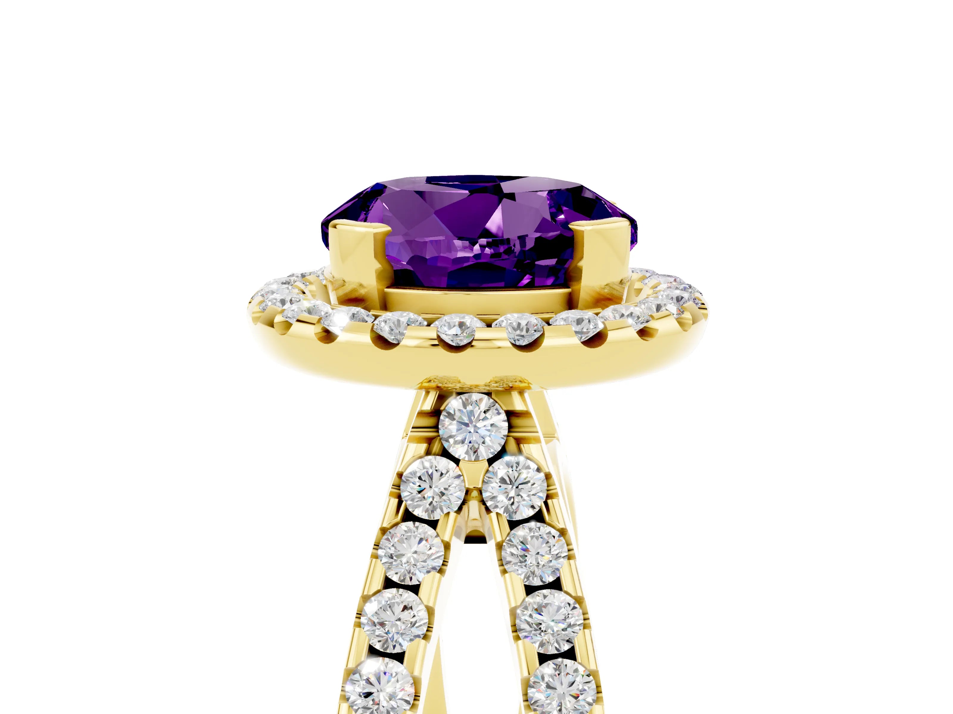 Yellow gold Round Cut Amethyst Halo Ring with Split Shank Pavé Band and Prong Setting_5