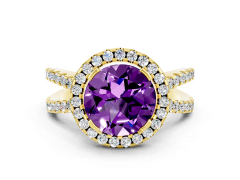 Yellow gold Round Cut Amethyst Halo Ring with Split Shank Pavé Band and Prong Setting