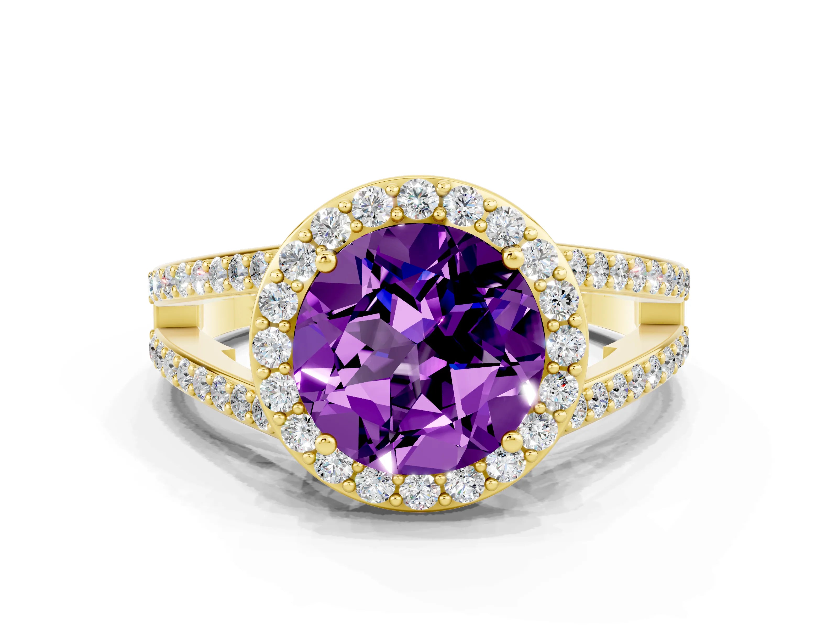 Yellow gold Round Cut Amethyst Halo Ring with Split Shank U-Prong Band and Four-Prong Setting