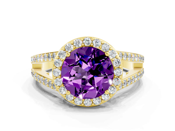 Yellow gold Round Cut Amethyst Halo Ring with Split Shank U-Prong Band and Four-Prong Setting