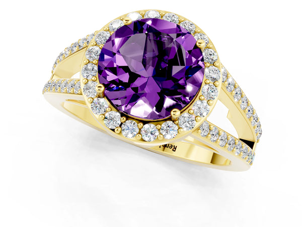 Yellow gold Round Cut Amethyst Halo Ring with Split Shank U-Prong Band and Four-Prong Setting