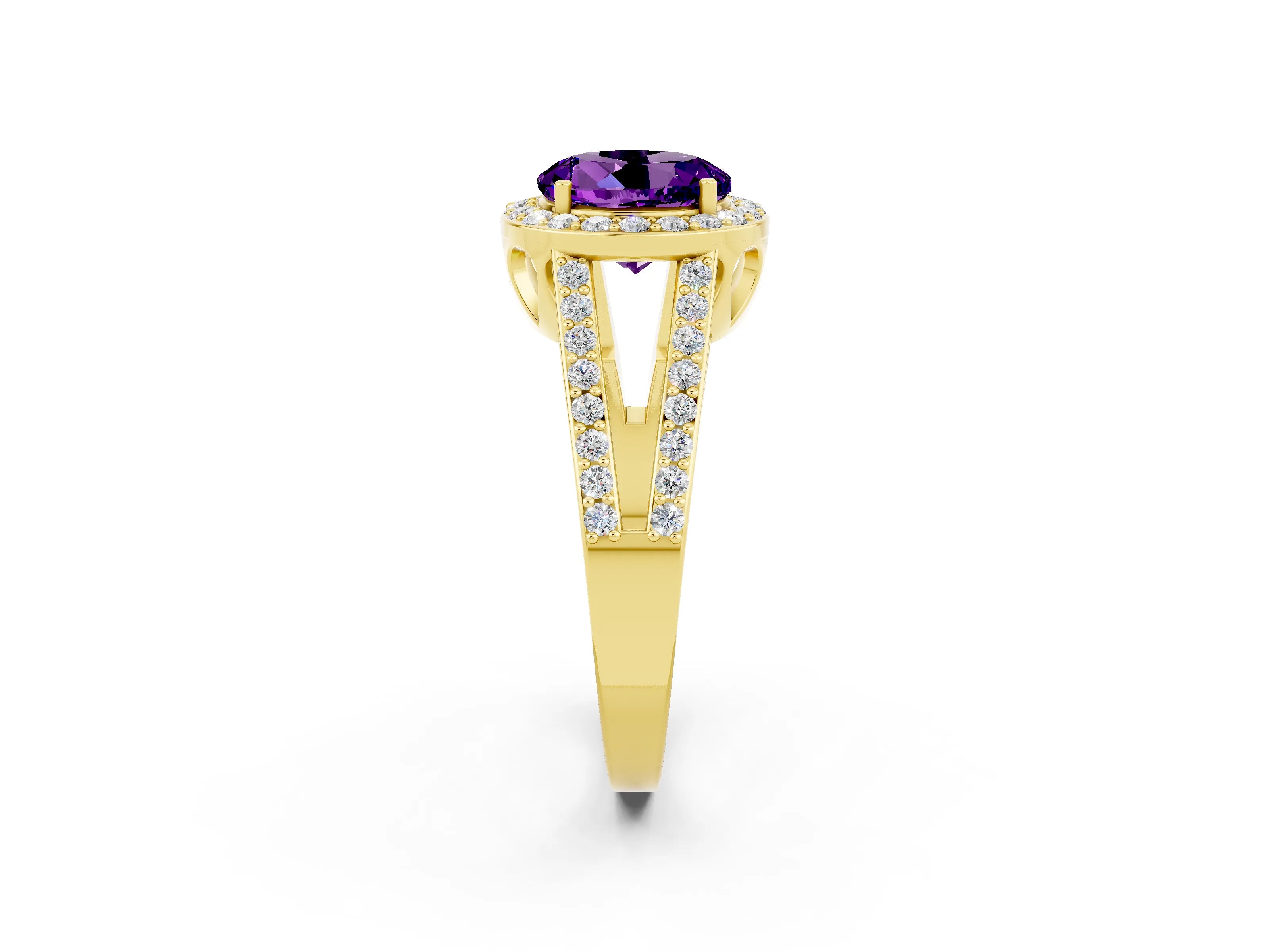 Yellow gold Round Cut Amethyst Halo Ring with Split Shank U-Prong Band and Four-Prong Setting_2