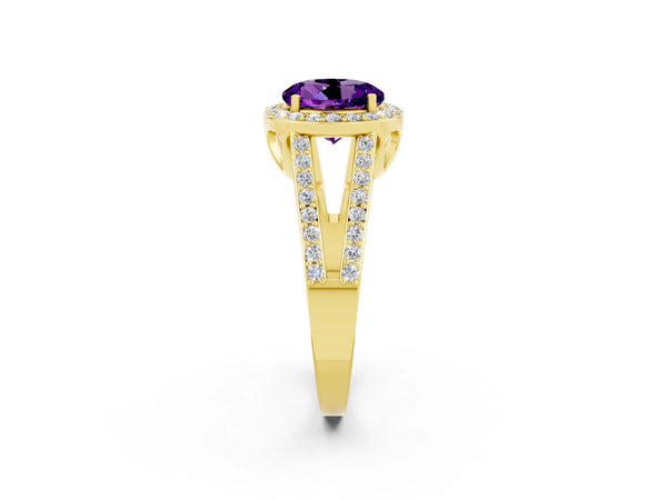 Yellow gold Round Cut Amethyst Halo Ring with Split Shank U-Prong Band and Four-Prong Setting