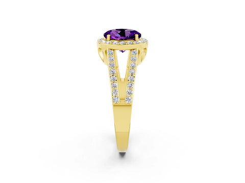 Yellow gold Round Cut Amethyst Halo Ring with Split Shank U-Prong Band and Four-Prong Setting_2