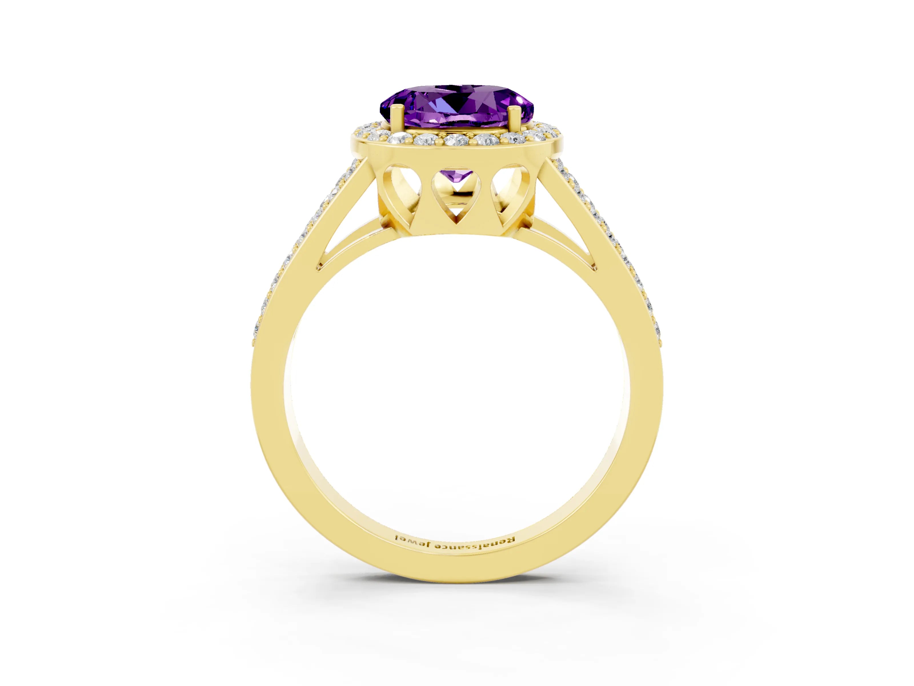Yellow gold Round Cut Amethyst Halo Ring with Split Shank U-Prong Band and Four-Prong Setting_3