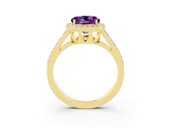 Yellow gold Round Cut Amethyst Halo Ring with Split Shank U-Prong Band and Four-Prong Setting