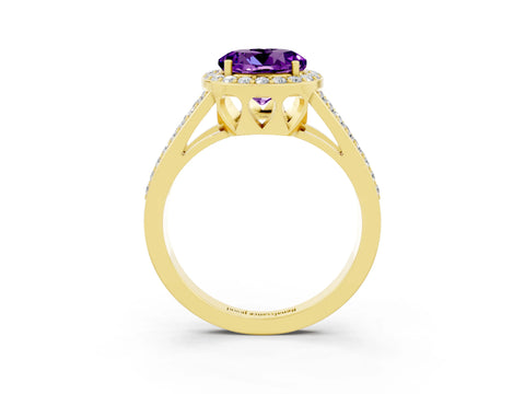 Yellow gold Round Cut Amethyst Halo Ring with Split Shank U-Prong Band and Four-Prong Setting_3