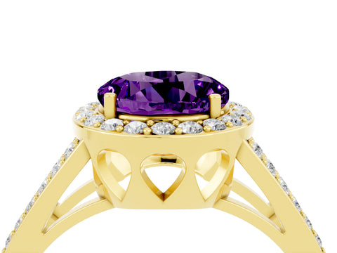 Yellow gold Round Cut Amethyst Halo Ring with Split Shank U-Prong Band and Four-Prong Setting_4