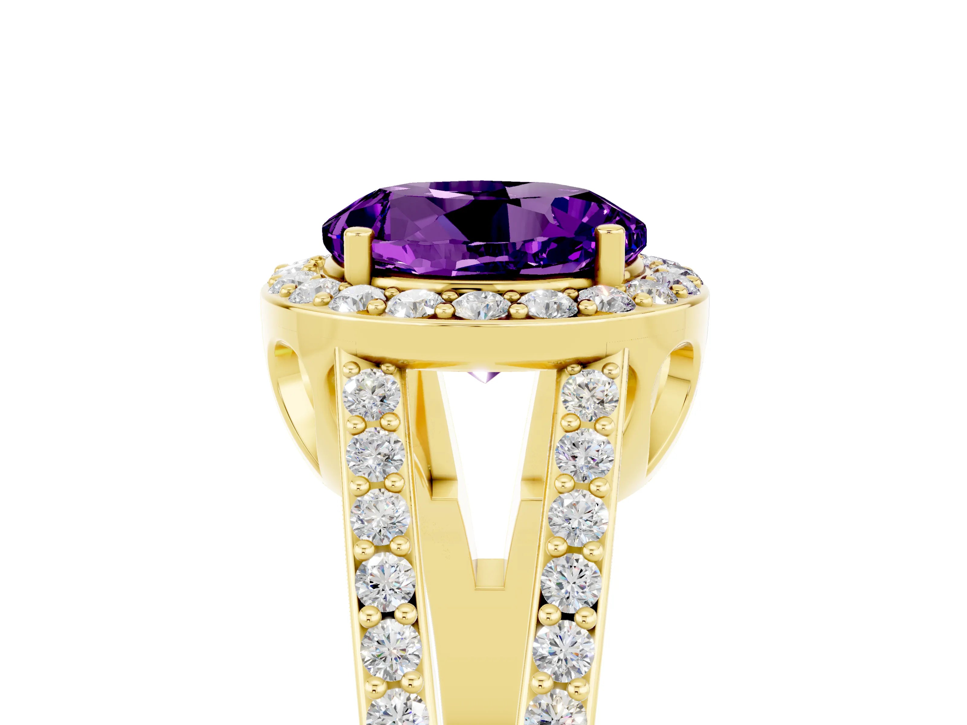 Yellow gold Round Cut Amethyst Halo Ring with Split Shank U-Prong Band and Four-Prong Setting_5