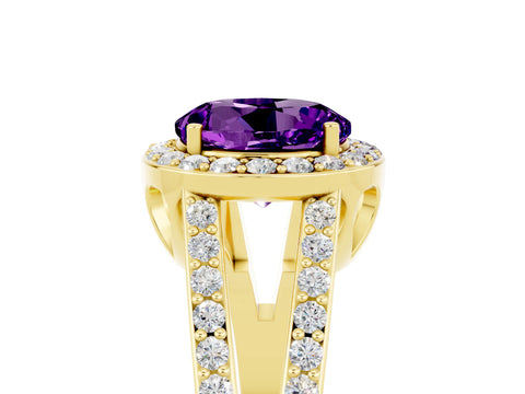 Yellow gold Round Cut Amethyst Halo Ring with Split Shank U-Prong Band and Four-Prong Setting_5