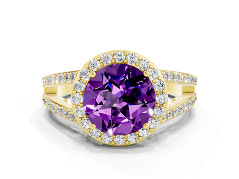 Yellow gold Round Cut Amethyst Halo Ring with Split Shank U-Prong Band and Four-Prong Setting