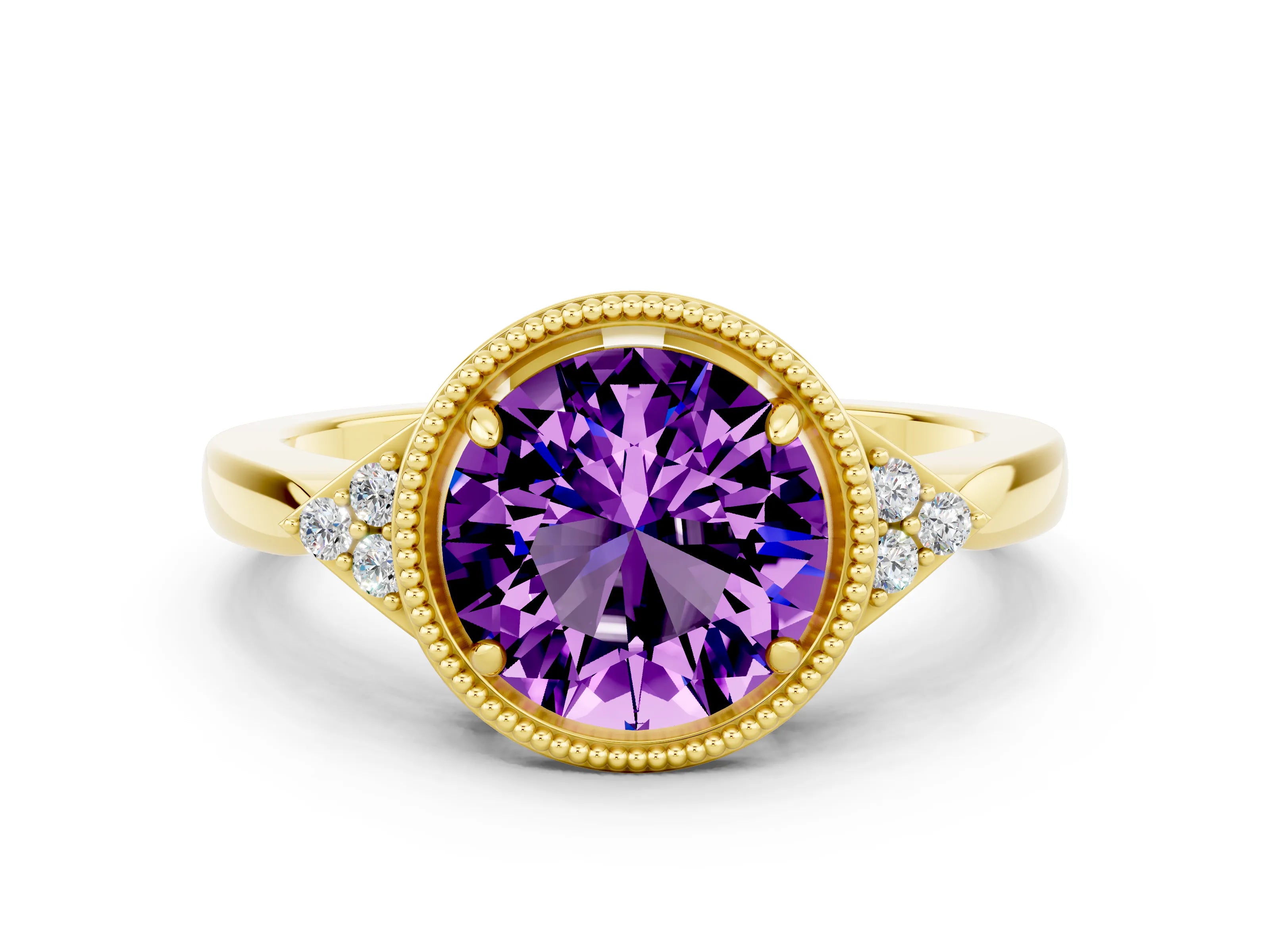 Yellow gold Round Cut Amethyst Halo Ring with Tapered Band and Four-Prong Setting