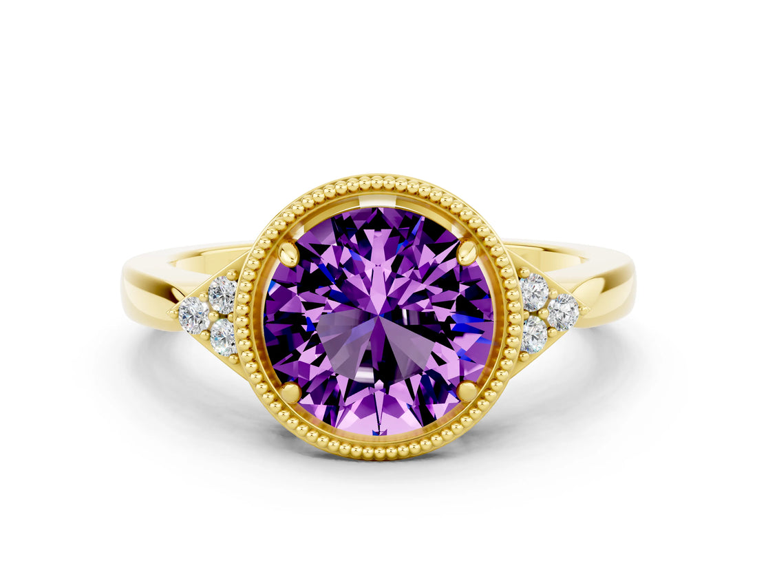 Yellow gold Round Cut Amethyst Halo Ring with Tapered Band and Four-Prong Setting