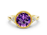 Yellow gold Round Cut Amethyst Halo Ring with Tapered Band and Four-Prong Setting