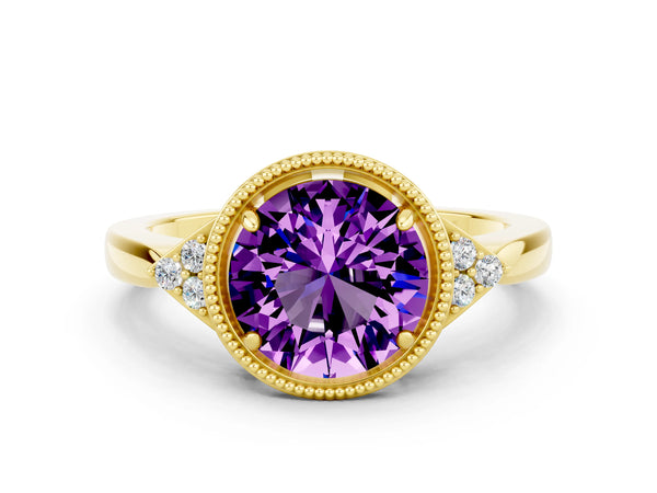 Yellow gold Round Cut Amethyst Halo Ring with Tapered Band and Four-Prong Setting