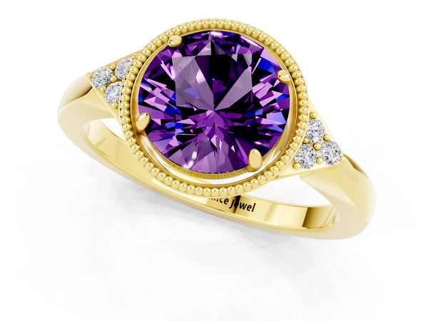 Yellow gold Round Cut Amethyst Halo Ring with Tapered Band and Four-Prong Setting