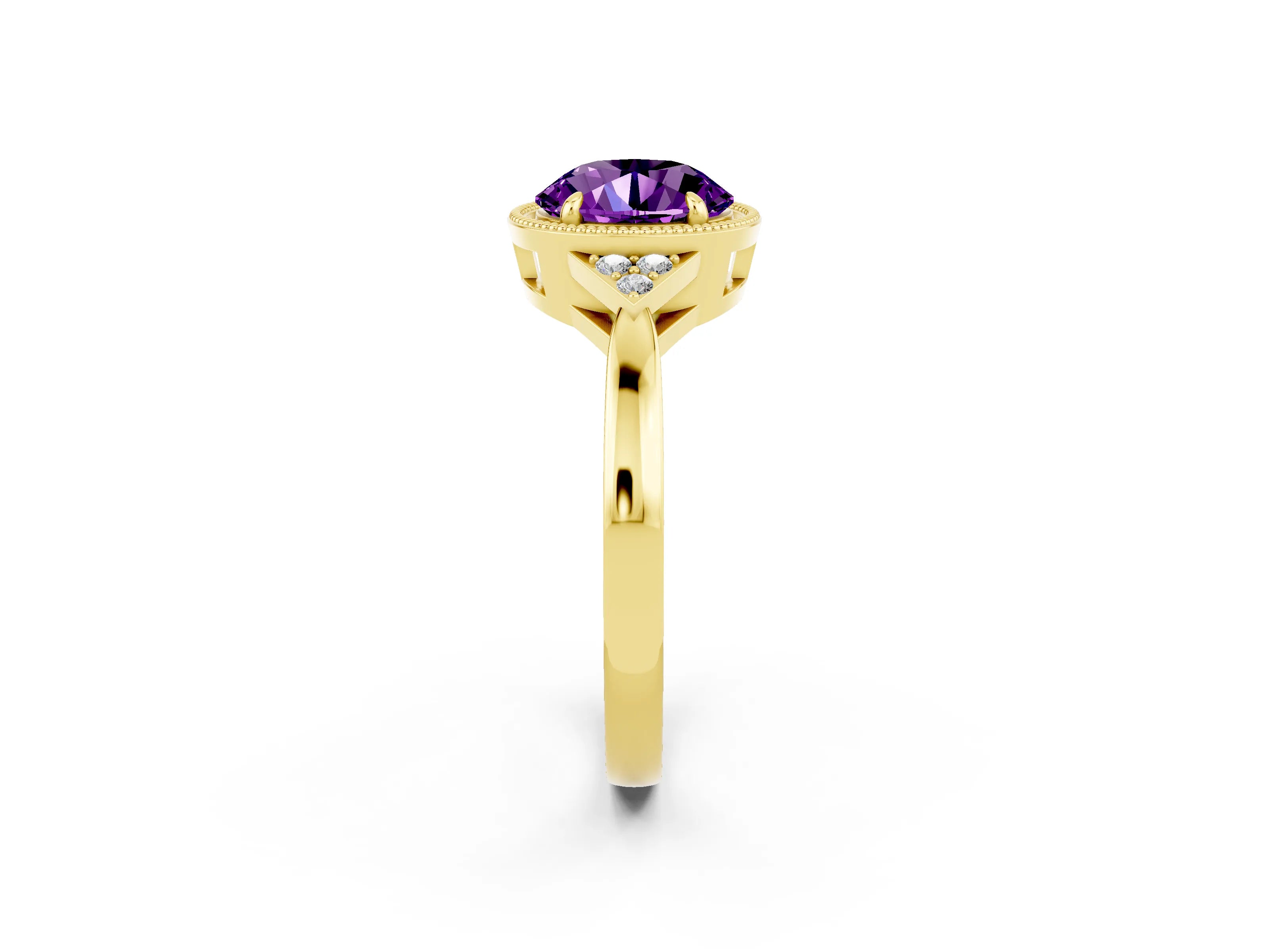 Yellow gold Round Cut Amethyst Halo Ring with Tapered Band and Four-Prong Setting_2