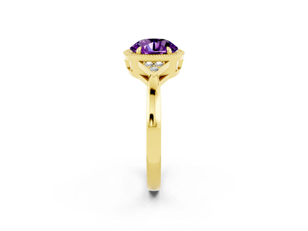 Yellow gold Round Cut Amethyst Halo Ring with Tapered Band and Four-Prong Setting