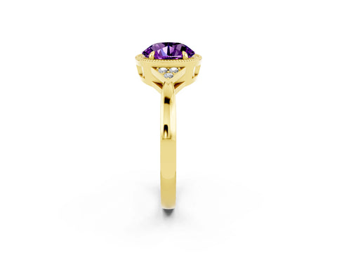 Yellow gold Round Cut Amethyst Halo Ring with Tapered Band and Four-Prong Setting_2