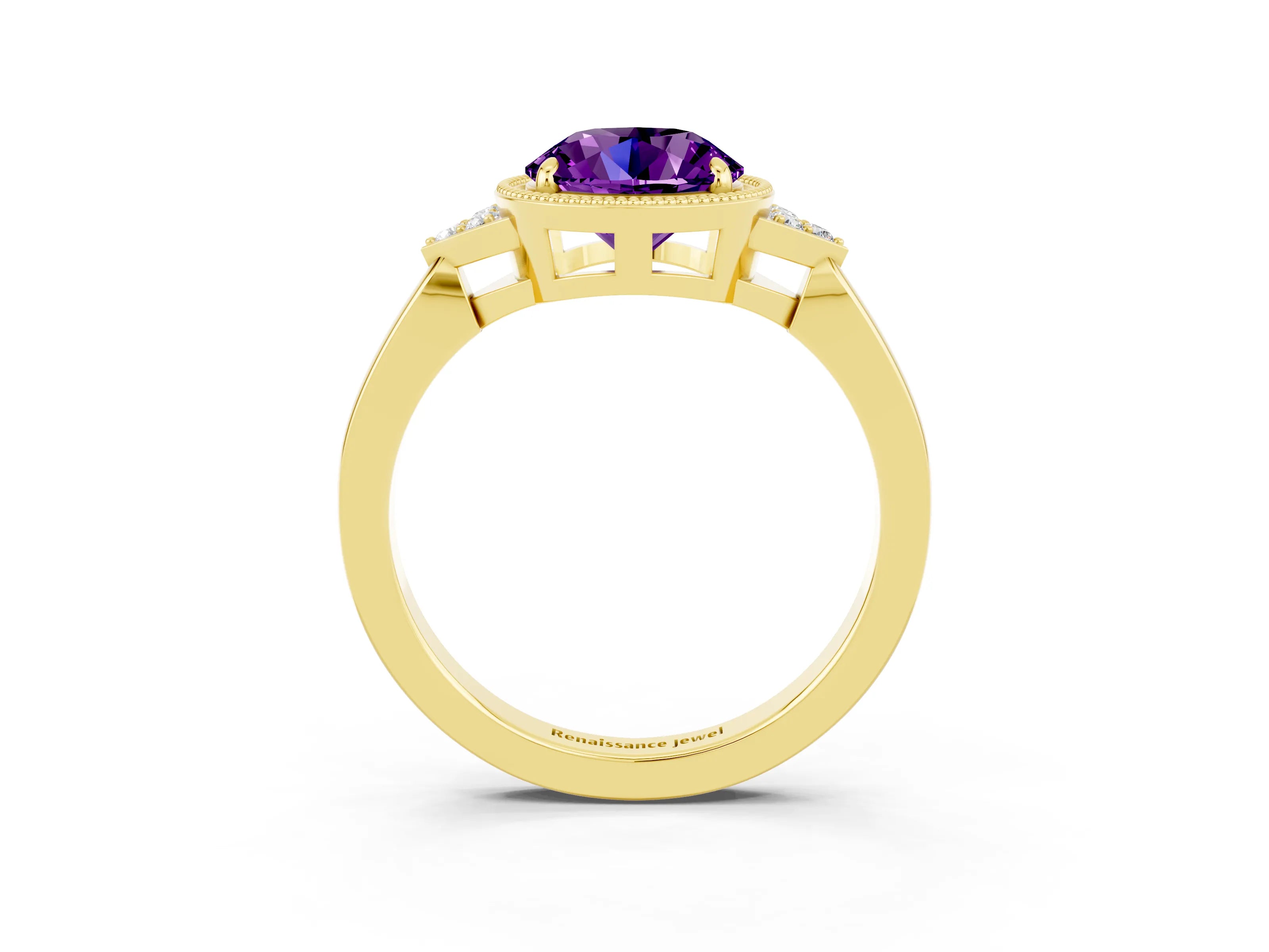 Yellow gold Round Cut Amethyst Halo Ring with Tapered Band and Four-Prong Setting_3