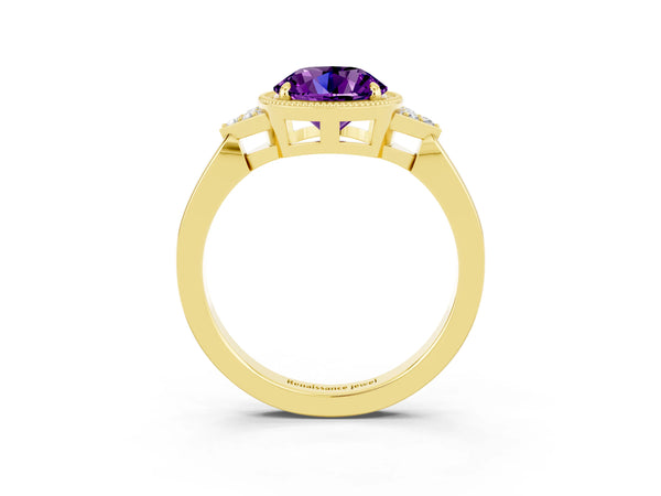 Yellow gold Round Cut Amethyst Halo Ring with Tapered Band and Four-Prong Setting