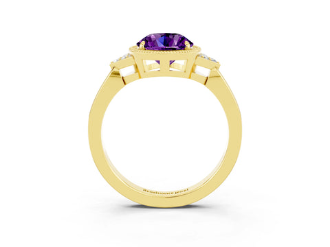 Yellow gold Round Cut Amethyst Halo Ring with Tapered Band and Four-Prong Setting_3