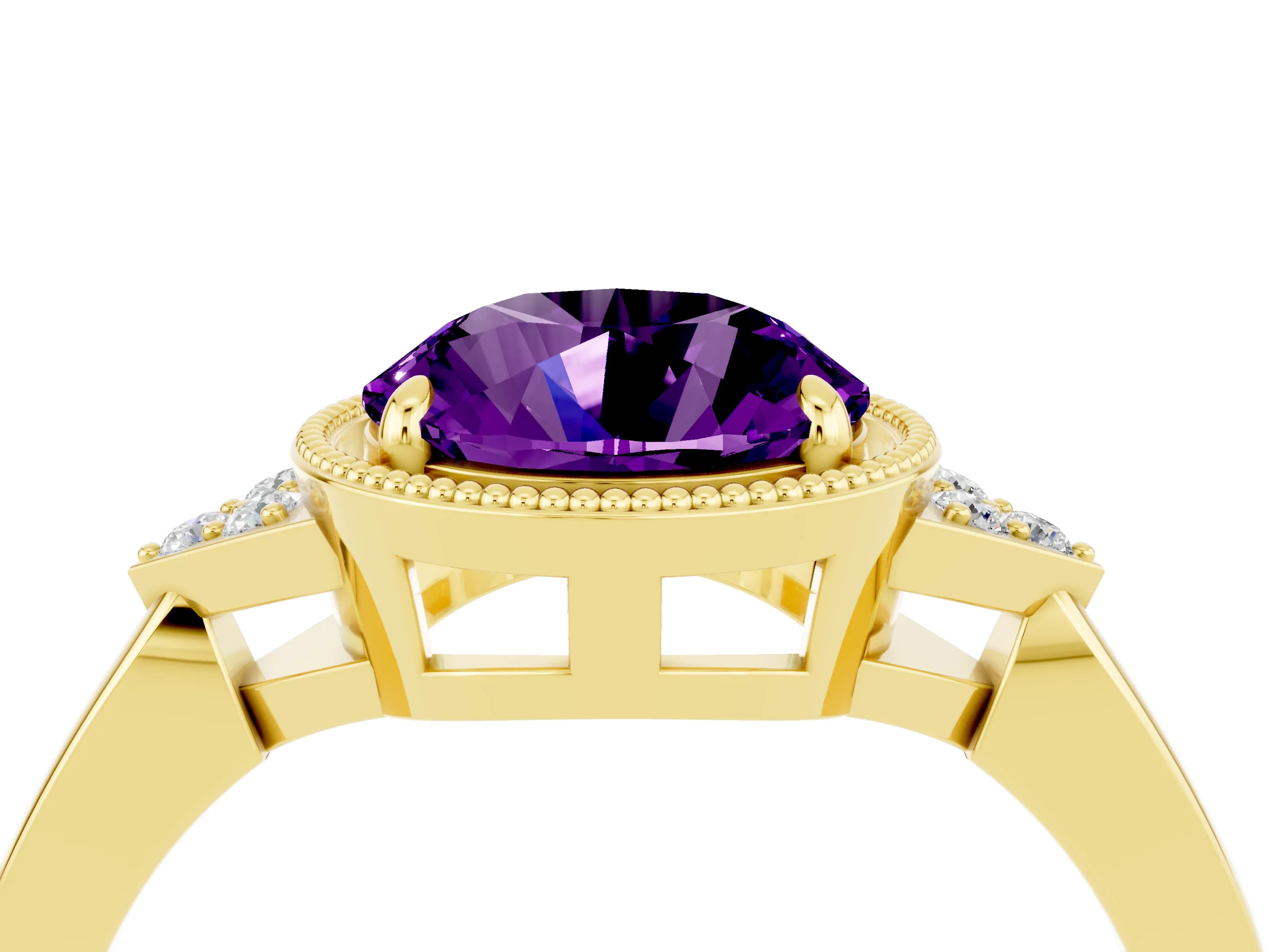 Yellow gold Round Cut Amethyst Halo Ring with Tapered Band and Four-Prong Setting_4
