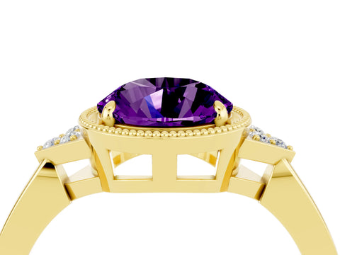 Yellow gold Round Cut Amethyst Halo Ring with Tapered Band and Four-Prong Setting_4