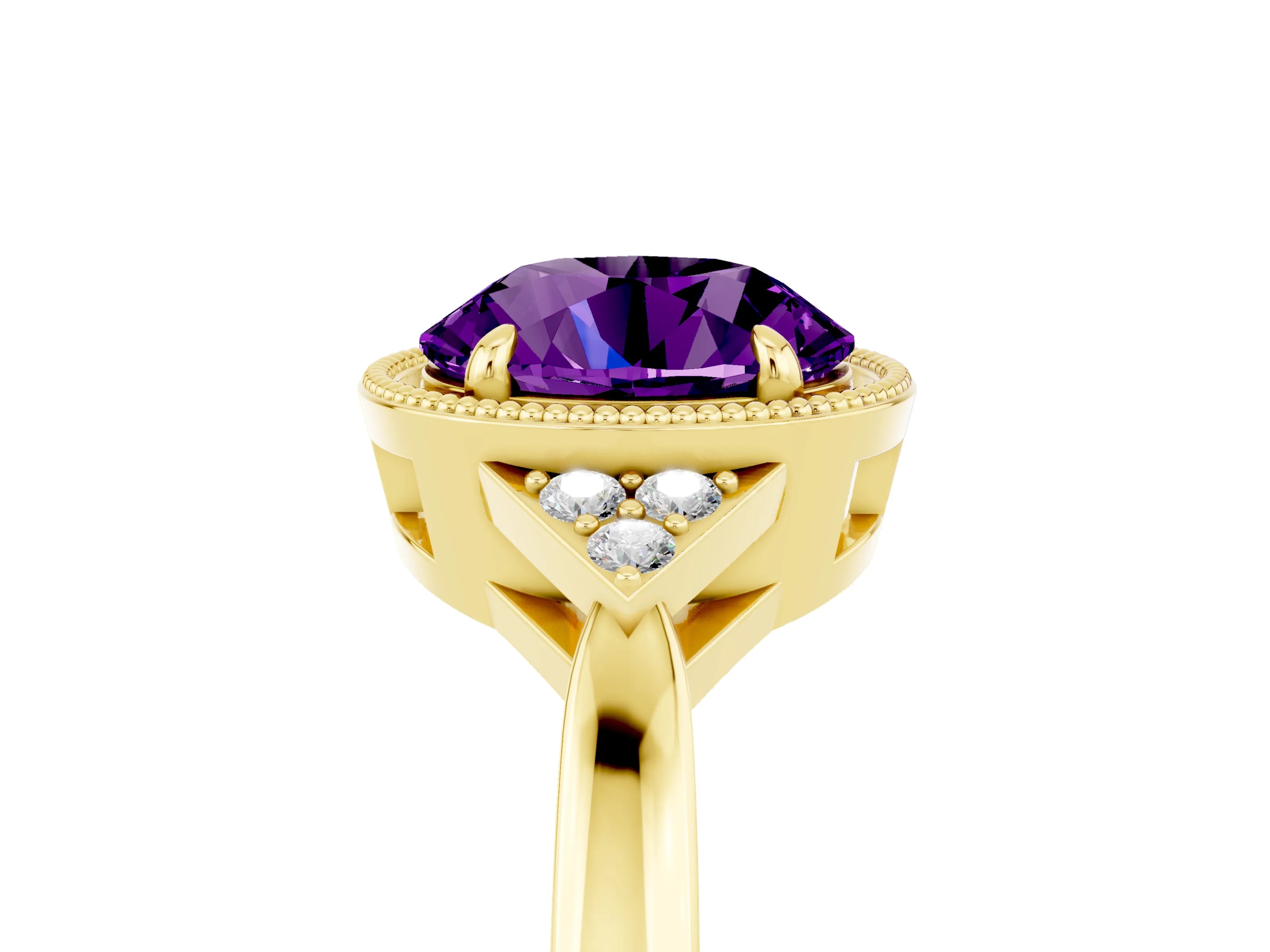 Yellow gold Round Cut Amethyst Halo Ring with Tapered Band and Four-Prong Setting_5