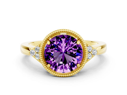 Yellow gold Round Cut Amethyst Halo Ring with Tapered Band and Four-Prong Setting