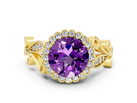 Yellow gold Round Cut Amethyst Halo Ring with Vintage Split Shank and Four-Prong Setting_31