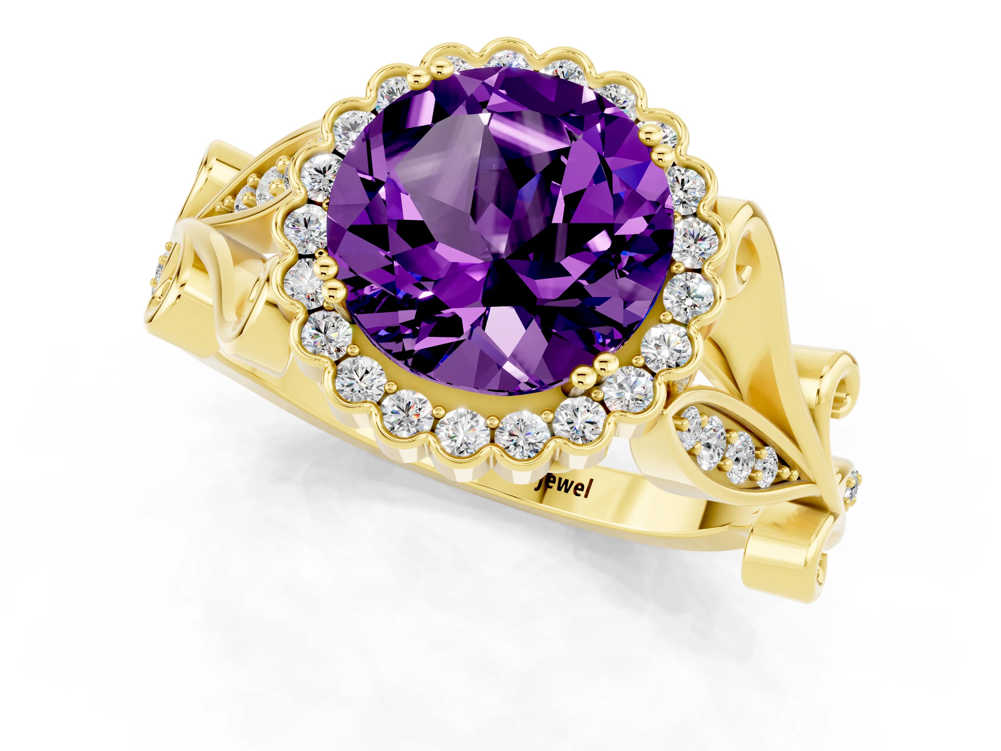 Yellow gold Round Cut Amethyst Halo Ring with Vintage Split Shank and Four-Prong Setting_32