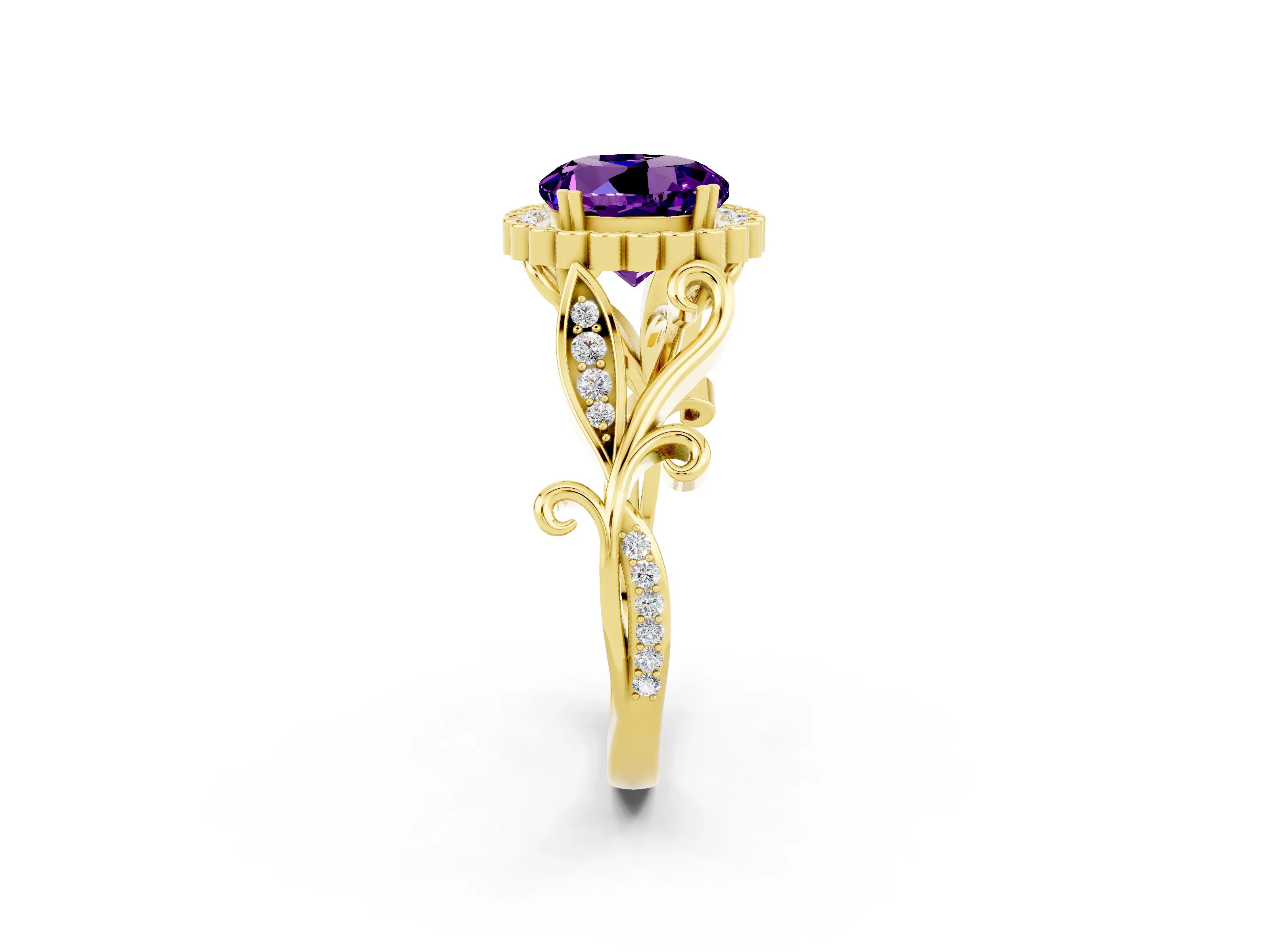Yellow gold Round Cut Amethyst Halo Ring with Vintage Split Shank and Four-Prong Setting_33