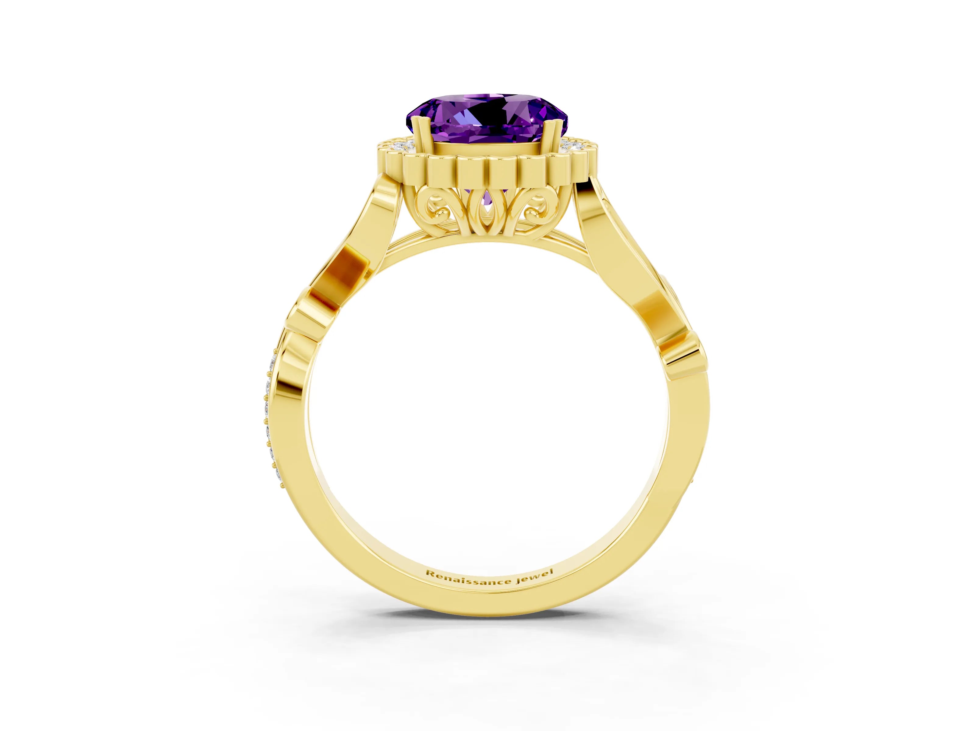 Yellow gold Round Cut Amethyst Halo Ring with Vintage Split Shank and Four-Prong Setting_34