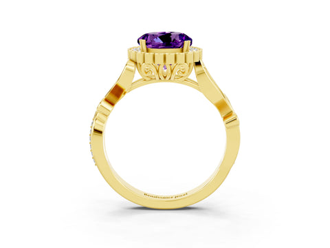Yellow gold Round Cut Amethyst Halo Ring with Vintage Split Shank and Four-Prong Setting_34