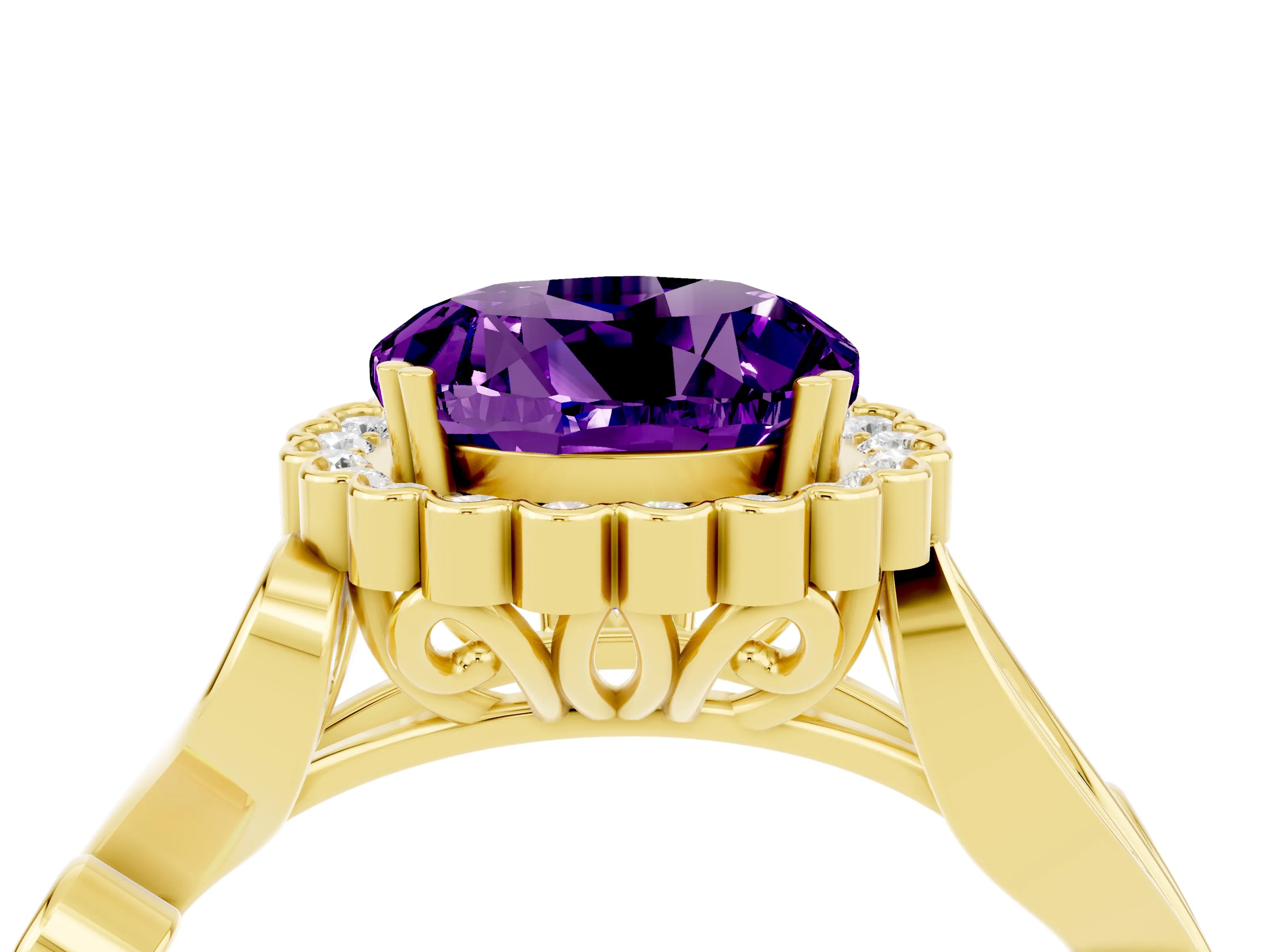 Yellow gold Round Cut Amethyst Halo Ring with Vintage Split Shank and Four-Prong Setting_35
