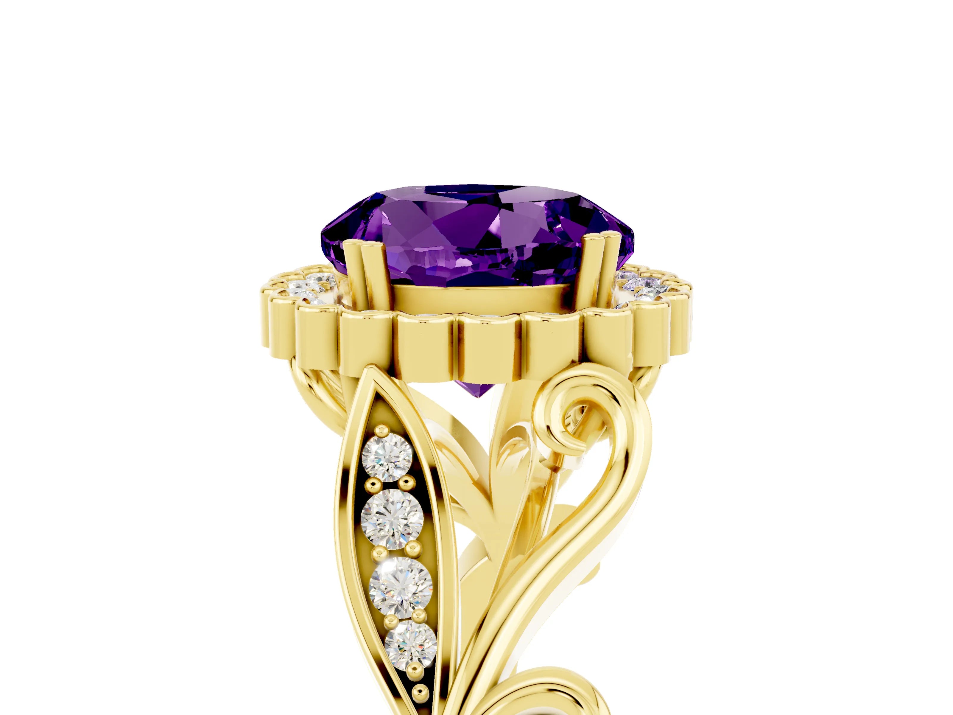 Yellow gold Round Cut Amethyst Halo Ring with Vintage Split Shank and Four-Prong Setting_36