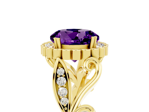 Yellow gold Round Cut Amethyst Halo Ring with Vintage Split Shank and Four-Prong Setting_36