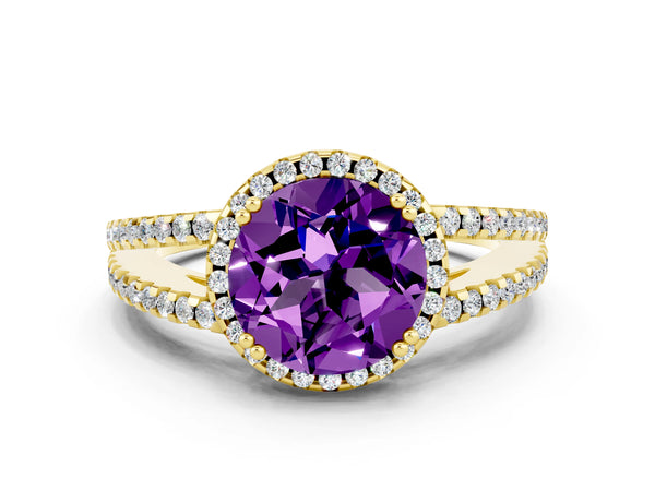 Yellow gold Round Cut Amethyst Halo Split Shank Engagement Ring