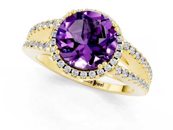 Yellow gold Round Cut Amethyst Halo Split Shank Engagement Ring