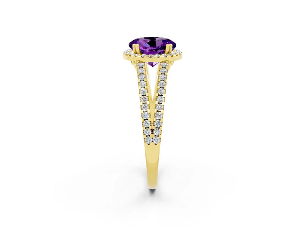 Yellow gold Round Cut Amethyst Halo Split Shank Engagement Ring