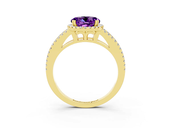 Yellow gold Round Cut Amethyst Halo Split Shank Engagement Ring