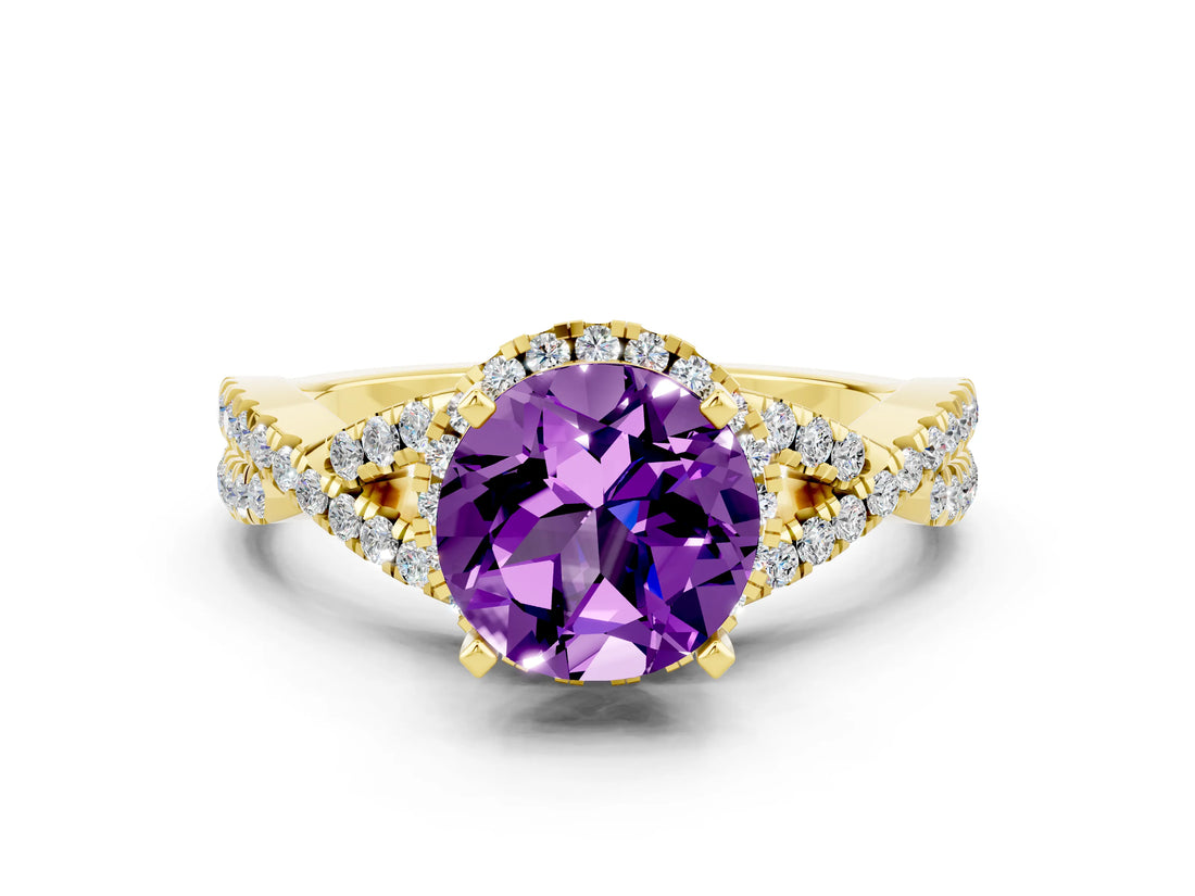 Yellow gold Round Cut Amethyst Halo Twist Band Solitaire Prong Setting Ring