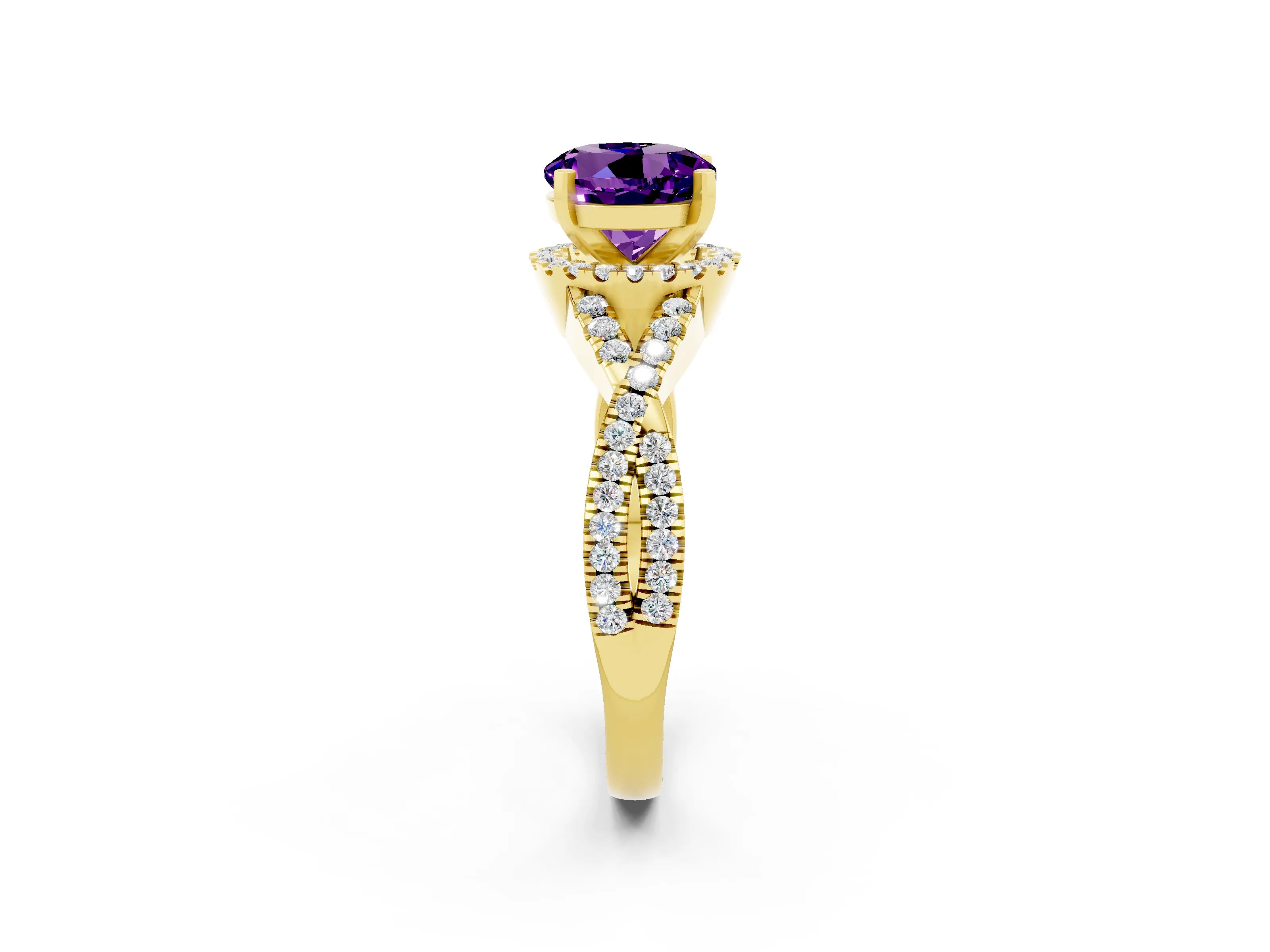 Yellow gold Round Cut Amethyst Halo Twist Band Solitaire Prong Setting Ring_2