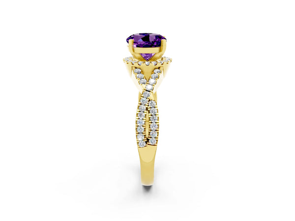 Yellow gold Round Cut Amethyst  Halo Twist Band Solitaire Prong Setting Ring