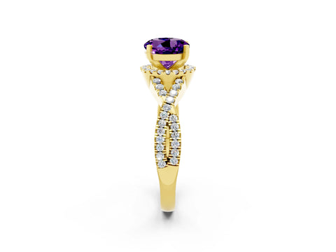 Yellow gold Round Cut Amethyst Halo Twist Band Solitaire Prong Setting Ring_2